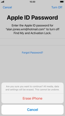 Key in the password for your Apple ID and press Erase iPhone. Wait a moment while the factory default settings are restored. Follow the instructions on the screen to set up your phone and prepare it for use.