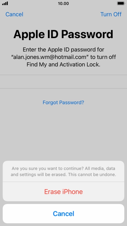 Key in the password for your Apple ID and press Erase iPhone. Wait a moment while the factory default settings are restored. Follow the instructions on the screen to set up your phone and prepare it for use.