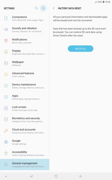 Press DELETE ALL. Wait a moment while the factory default settings are restored. Follow the instructions on the screen to set up your tablet and prepare it for use.