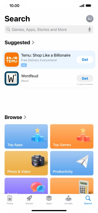 Press the search field and key in the name or subject of the required app.