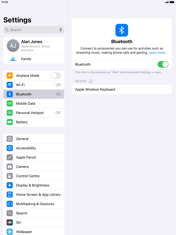 Press the required Bluetooth device and follow the instructions on the screen to pair the device with your tablet.
