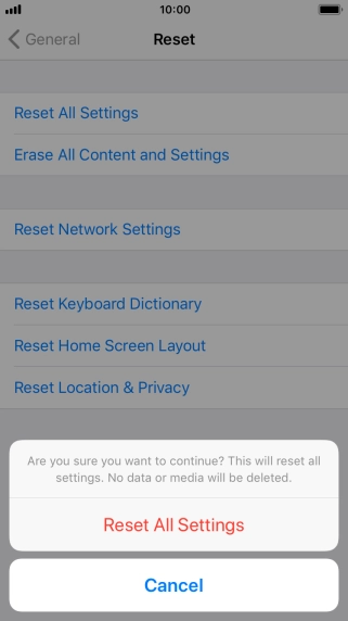 Press Reset All Settings. Wait a moment while the factory default settings are restored. Follow the instructions on the screen to set up your phone and prepare it for use.