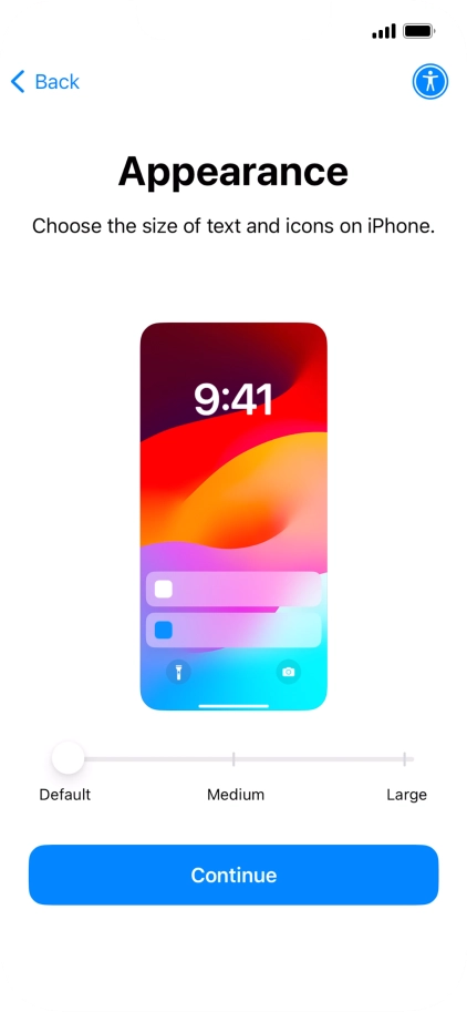 Select the required text and icon size on your phone and press Continue.
