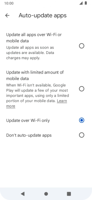 To turn on automatic update of apps using mobile network, press Update all apps over Wi-Fi or mobile data.