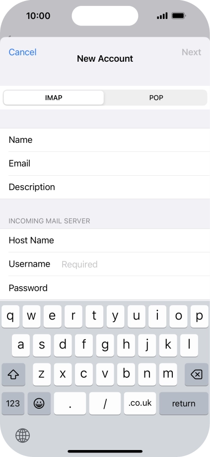 Press Username and key in the username for your email account.