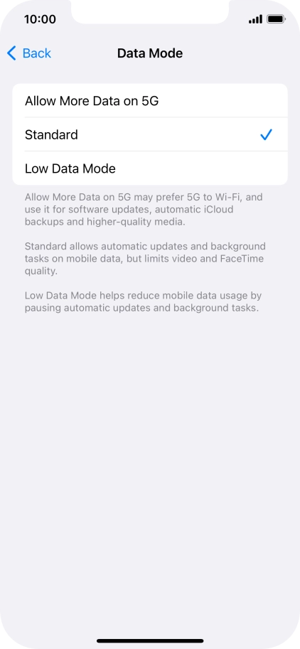 Press the required setting.