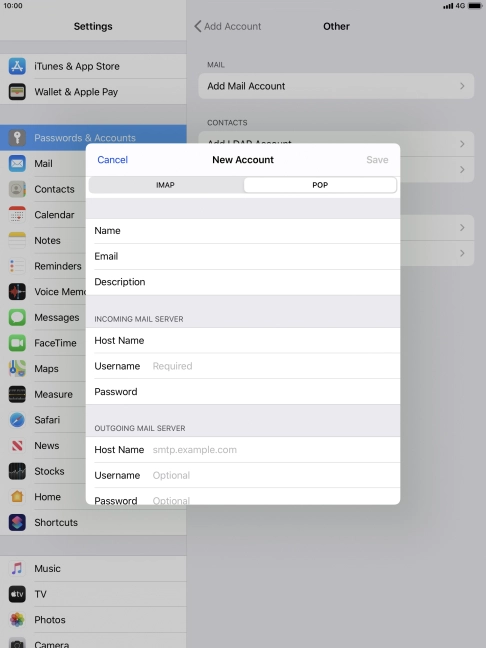Press Username and key in the username for your email account.