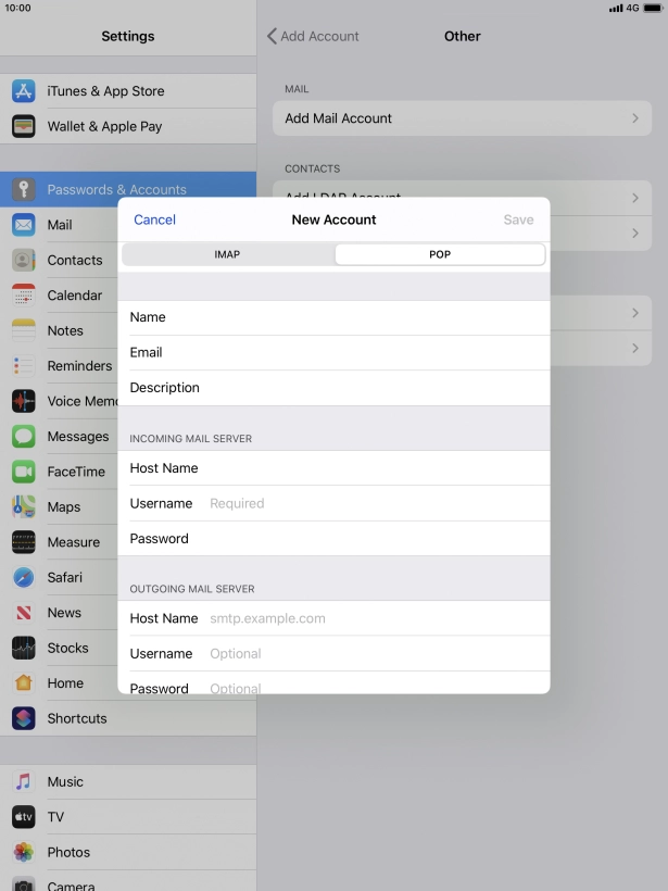 Press Username and key in the username for your email account.