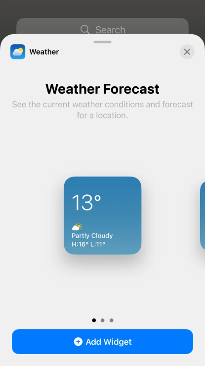 Slide your finger right or left on the screen to select the required widget size.