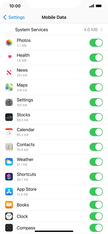 The data usage for each application is displayed below the name of the application.