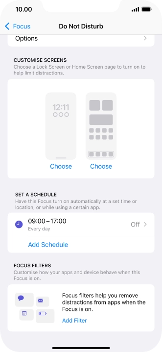 Press Add Schedule and follow the instructions on the screen to select settings for automatic activation of Do Not Disturb.