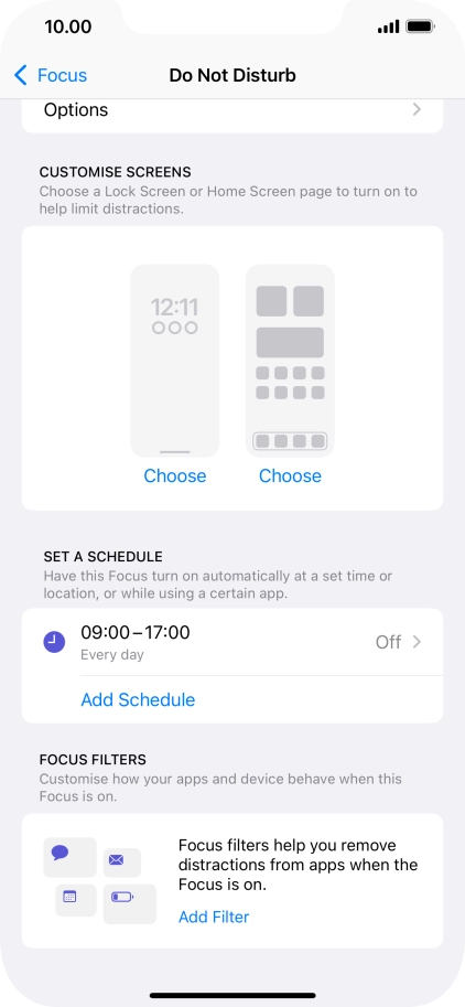 Press Add Schedule and follow the instructions on the screen to select settings for automatic activation of Do Not Disturb.