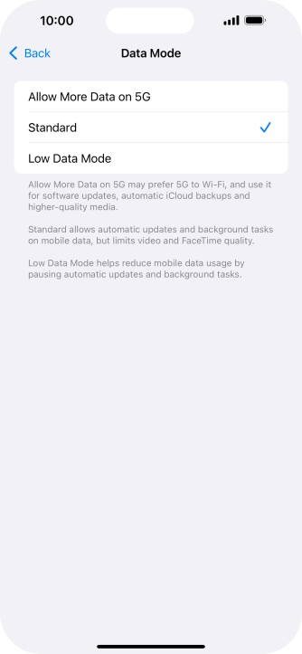 Press the required setting.