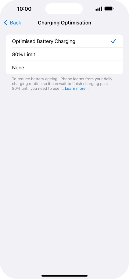 Press Optimised Battery Charging to turn the function on or off.