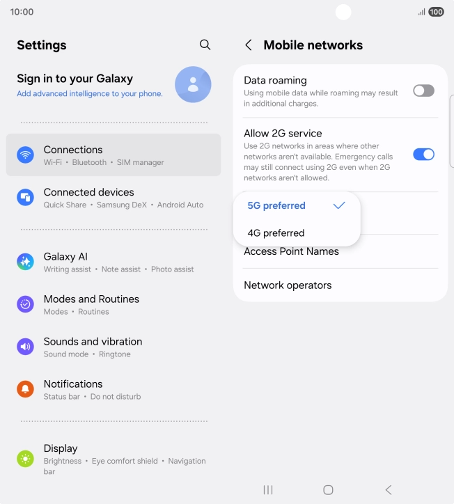 Press the required network mode.
