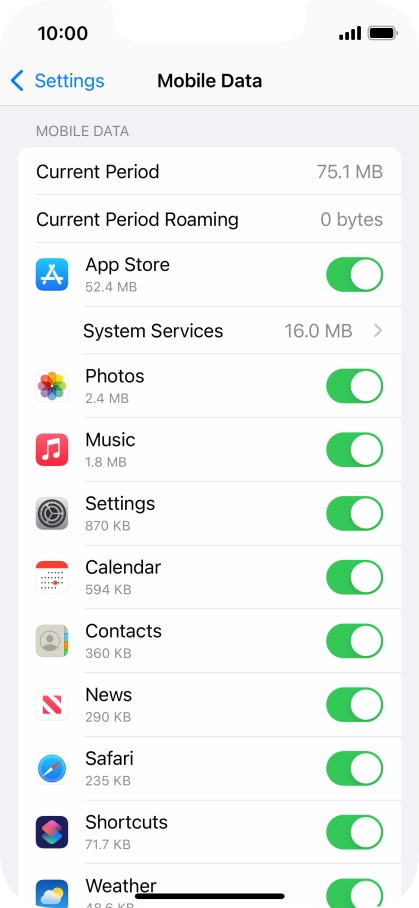 The data usage for each application is displayed below the name of the application.