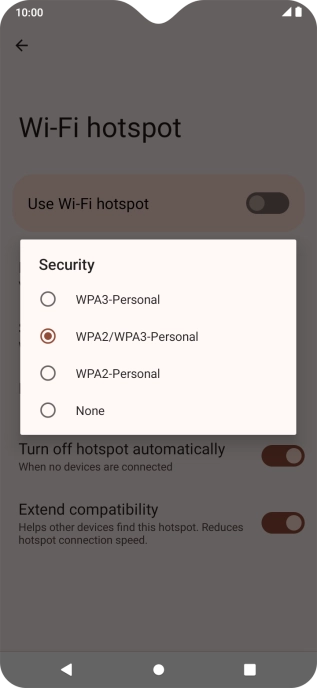 Press WPA3-Personal to password protect your Wi-Fi hotspot.
