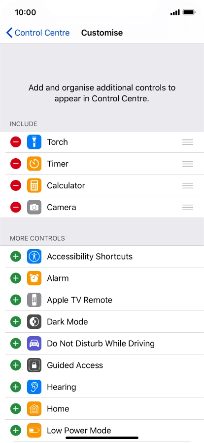 Press the delete icon next to the required function to remove it from Control Centre.