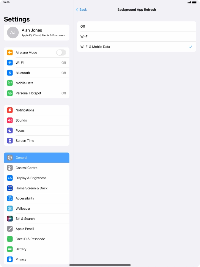 To turn off background refresh of apps, press Off. To turn off background refresh of apps, press Off.