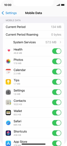 The data usage for each application is displayed below the name of the application.