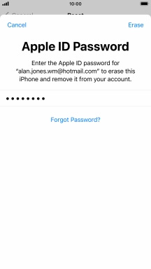 Key in the password for your Apple ID and press Erase. Wait a moment while the factory default settings are restored. Follow the instructions on the screen to set up your phone and prepare it for use.