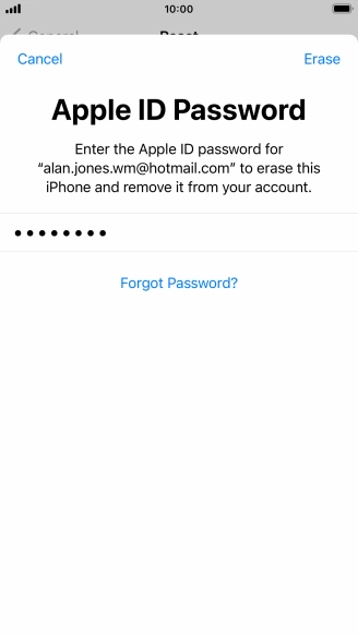 Key in the password for your Apple ID and press Erase. Wait a moment while the factory default settings are restored. Follow the instructions on the screen to set up your phone and prepare it for use.