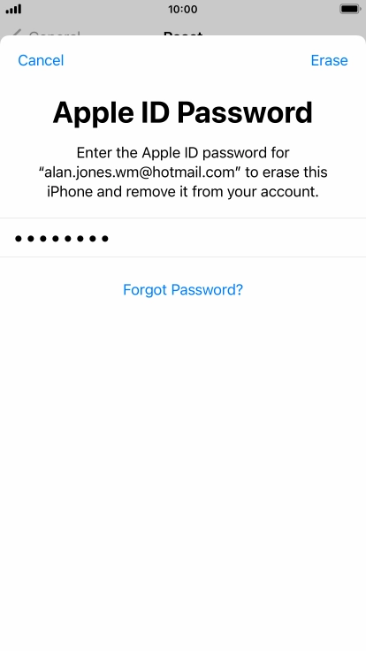 Key in the password for your Apple ID and press Erase. Wait a moment while the factory default settings are restored. Follow the instructions on the screen to set up your phone and prepare it for use.