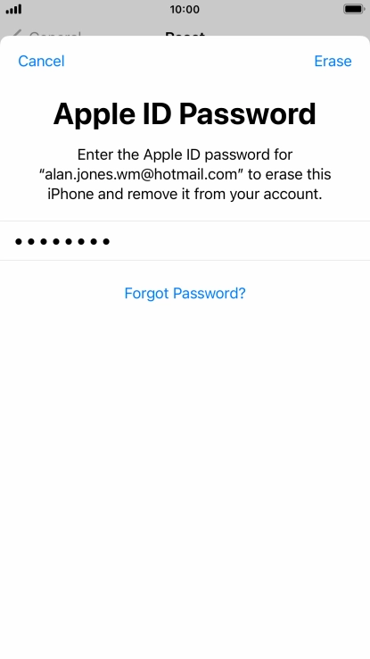 Key in the password for your Apple ID and press Erase. Wait a moment while the factory default settings are restored. Follow the instructions on the screen to set up your phone and prepare it for use.