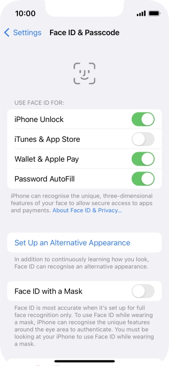 Press the indicators next to the required settings to turn them on or off.