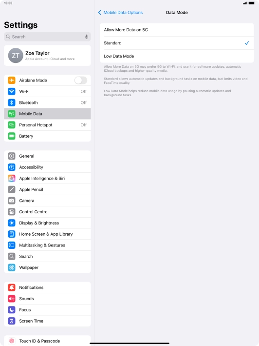 Press the required setting to turn the function on or off.