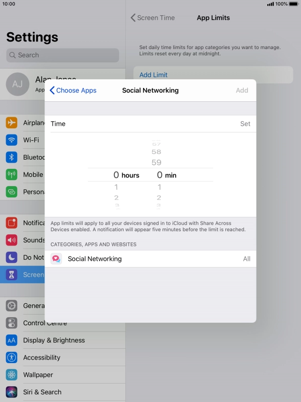 Set the required time limit for use of the selected category.