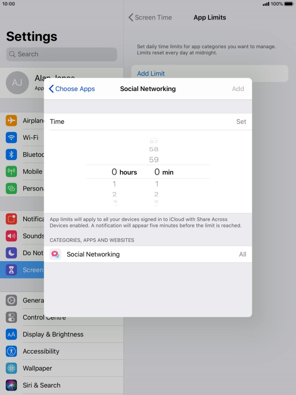 Set the required time limit for use of the selected category.