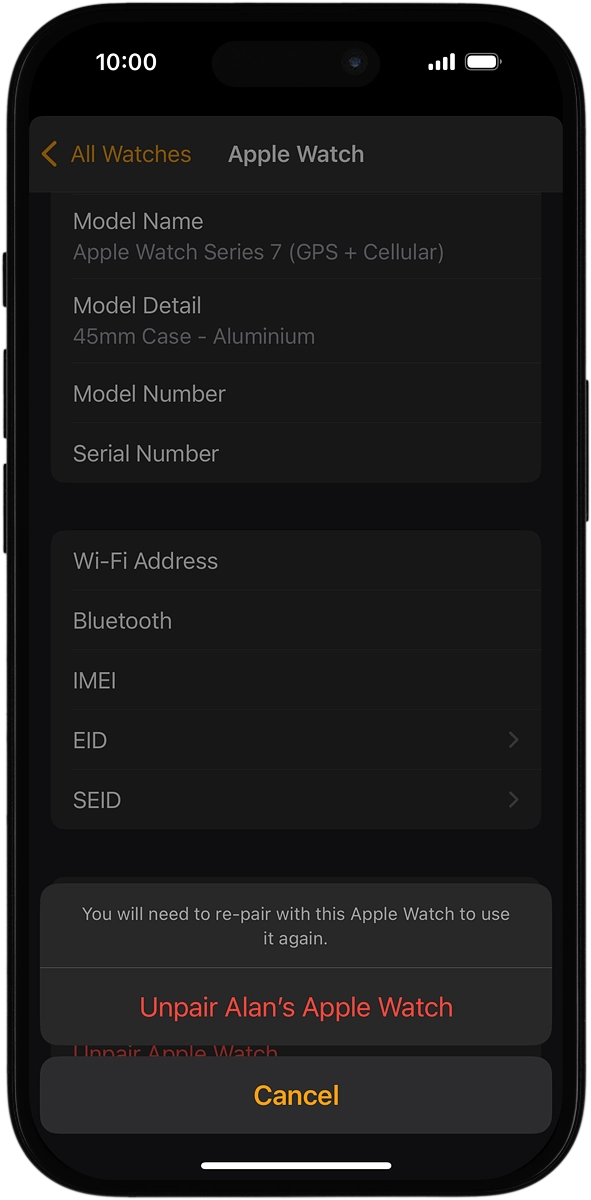 On your phone: Press Unpair Apple Watch and follow the instructions on the screen to unpair your Apple Watch and your phone. When prompted, key in the password for your Apple ID.