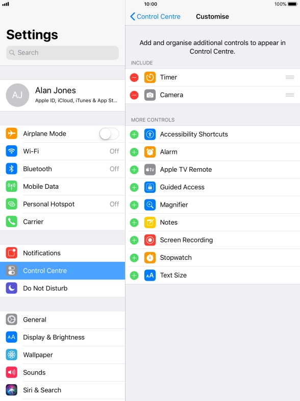 Press the delete icon next to the required function to remove it from Control Centre.
