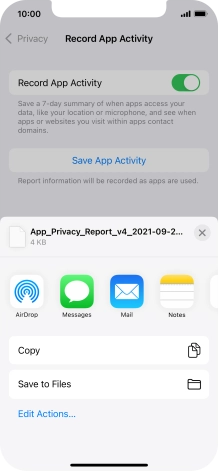Press the required setting and follow the instructions on the screen to share or save the app activity report.