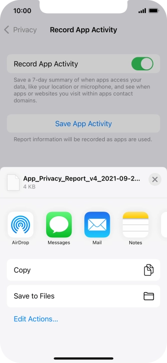Press the required setting and follow the instructions on the screen to share or save the app activity report.