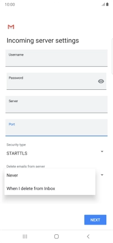 Press Never to keep email messages on the server when you delete them on your phone.