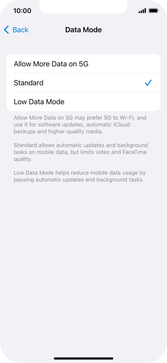 Press the required setting.