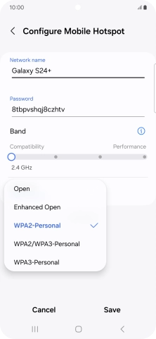 Press WPA3-Personal to password protect your Wi-Fi hotspot. Press WPA3-Personal to password protect your Wi-Fi hotspot.