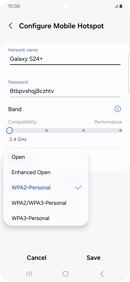 Press WPA3-Personal to password protect your Wi-Fi hotspot. Press WPA3-Personal to password protect your Wi-Fi hotspot.