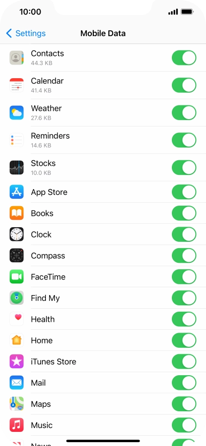 The data usage for each application is displayed below the name of the application.