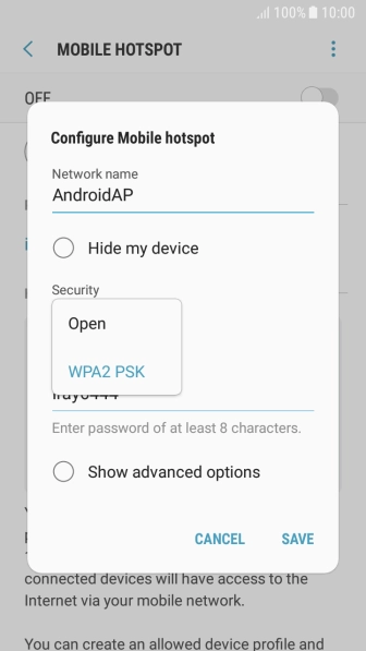 Press WPA2 PSK to password protect your Wi-Fi hotspot.