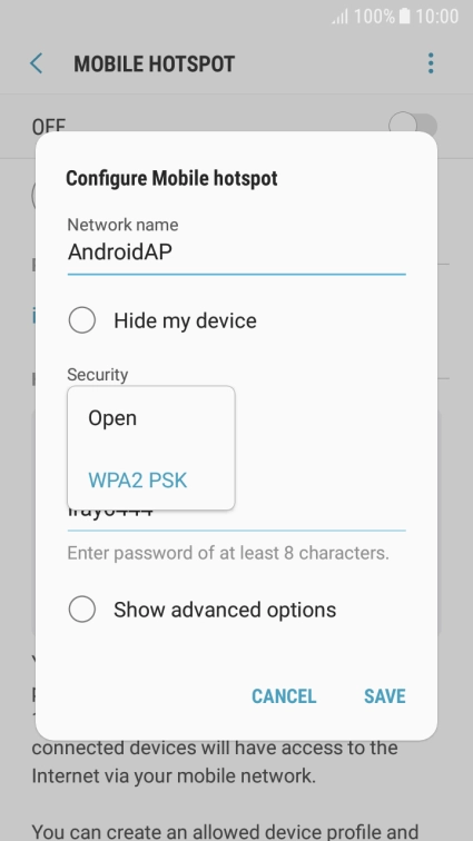 Press WPA2 PSK to password protect your Wi-Fi hotspot.
