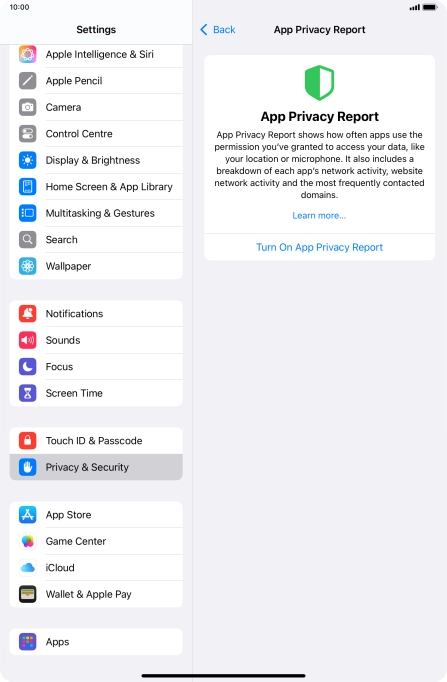Press Turn On App Privacy Report to turn on the function.