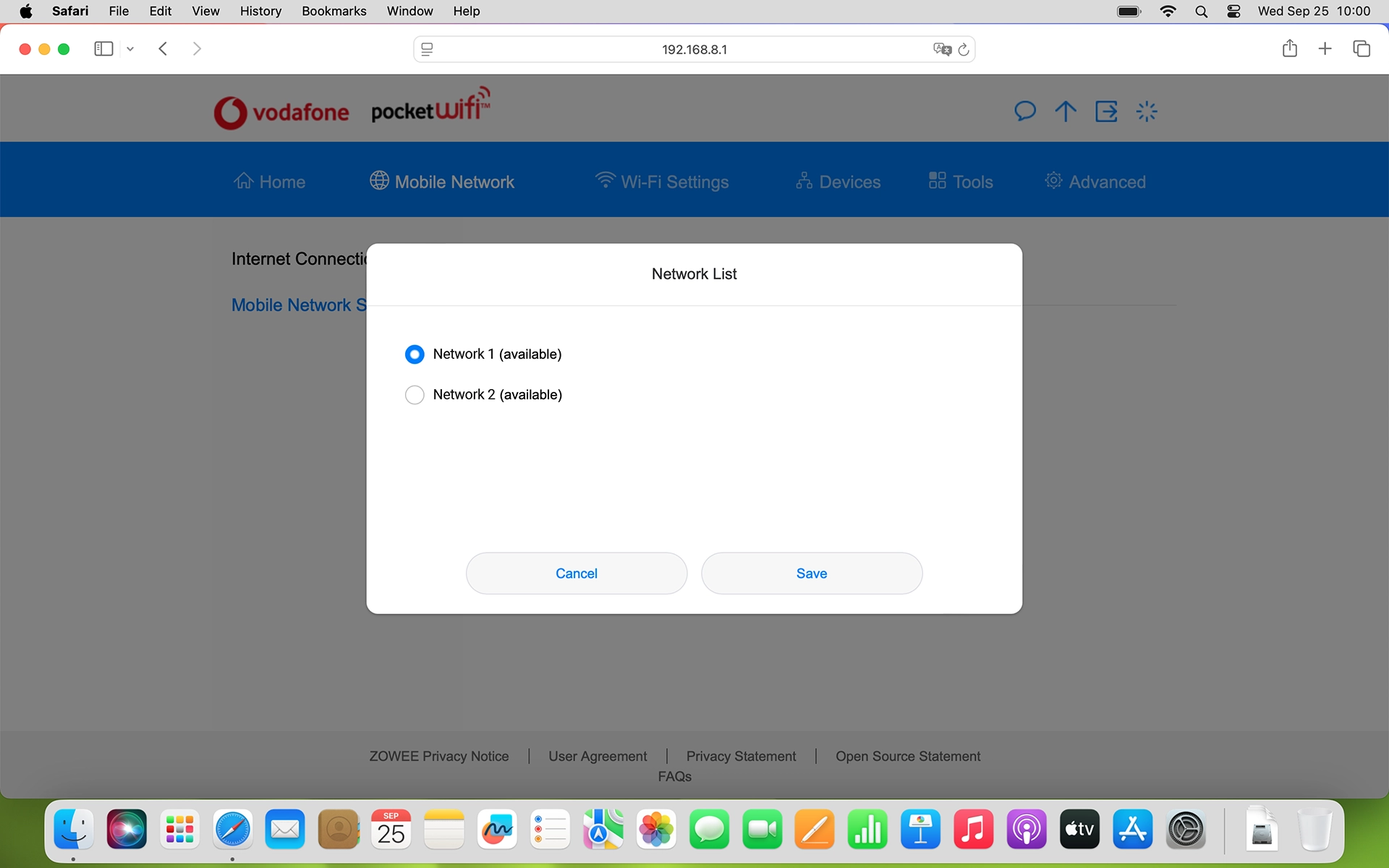 Click the field next to the required network.