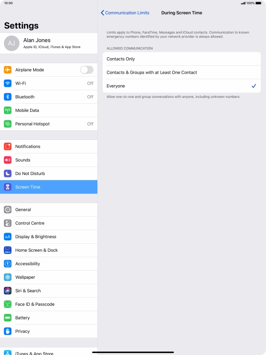 Press the required setting.