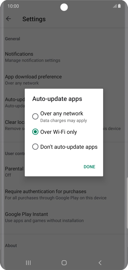 To turn on automatic update of apps using mobile network, press Over any network.