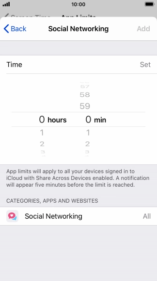 Set the required time limit for use of the selected category.