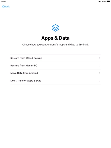 You can restore content from an iCloud backup when your tablet is activated for the first time and after a factory reset. When this screen is displayed, your tablet is ready to restore content from an iCloud backup.