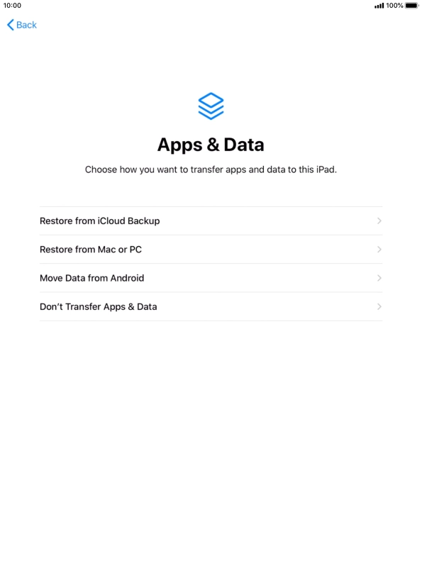 You can restore content from an iCloud backup when your tablet is activated for the first time and after a factory reset. When this screen is displayed, your tablet is ready to restore content from an iCloud backup.